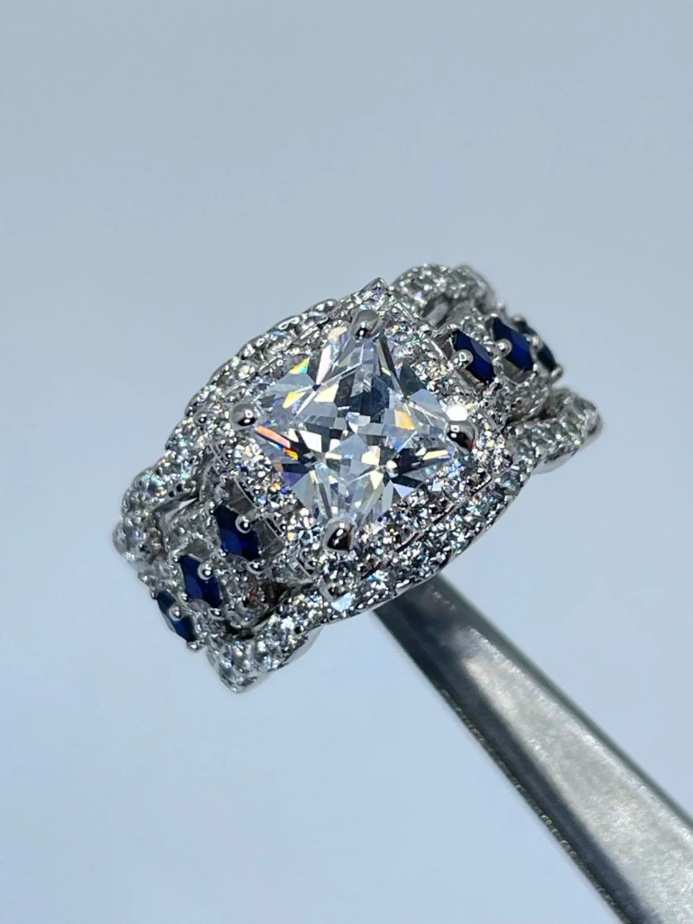 925 Sterling Silver Cushion Cut Diamond Sapphire R3 Band Wedding Ring‎ Set 5